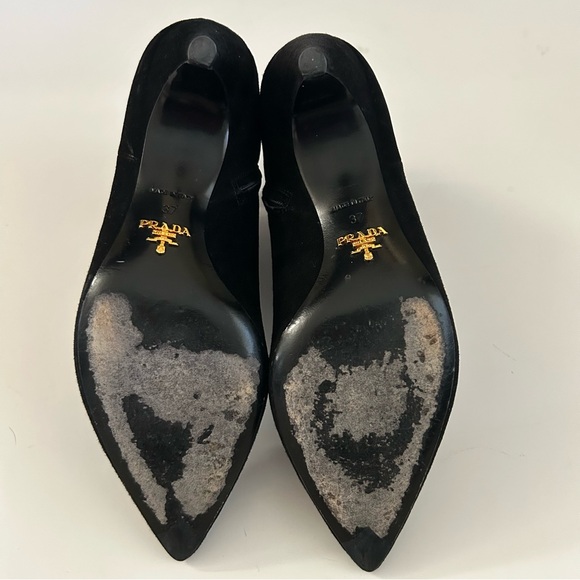 Prada Black Leather Suede ankle side zip kitten cone heel booties Boots size 7 - Picture 11 of 13